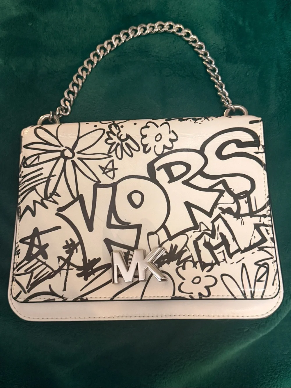 Michael Kors White Shoulder Bag with Black Graffiti Print and Silver Chain